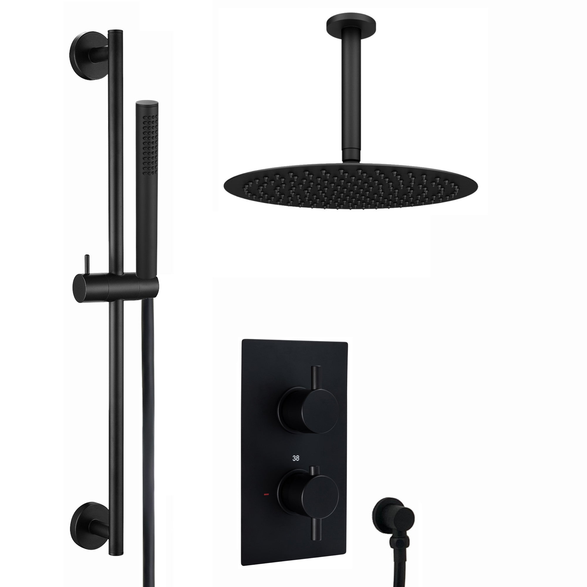 Naples Contemporary Round Concealed Thermostatic Shower Set Incl. Twin Valve, Ceiling Fixed 8" Shower Head, Slider Rail Kit - Matt Black (2 Outlet)
